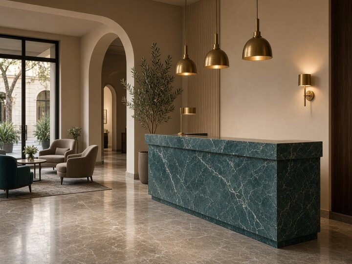 Recepción hotelera vacía con iluminación tenue
