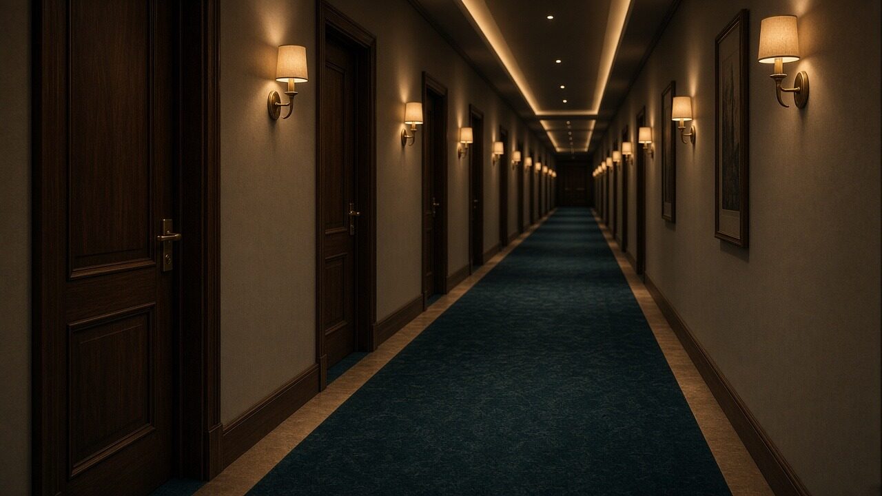 Pasillo iluminado de un complejo hotelero vacío